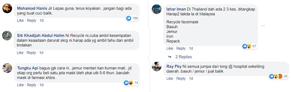 Social media users weren’t too happy when they saw the surgical masks being hung out to dry. — Screengrab via Facebook/Brainless Driver Malaysia Edition 