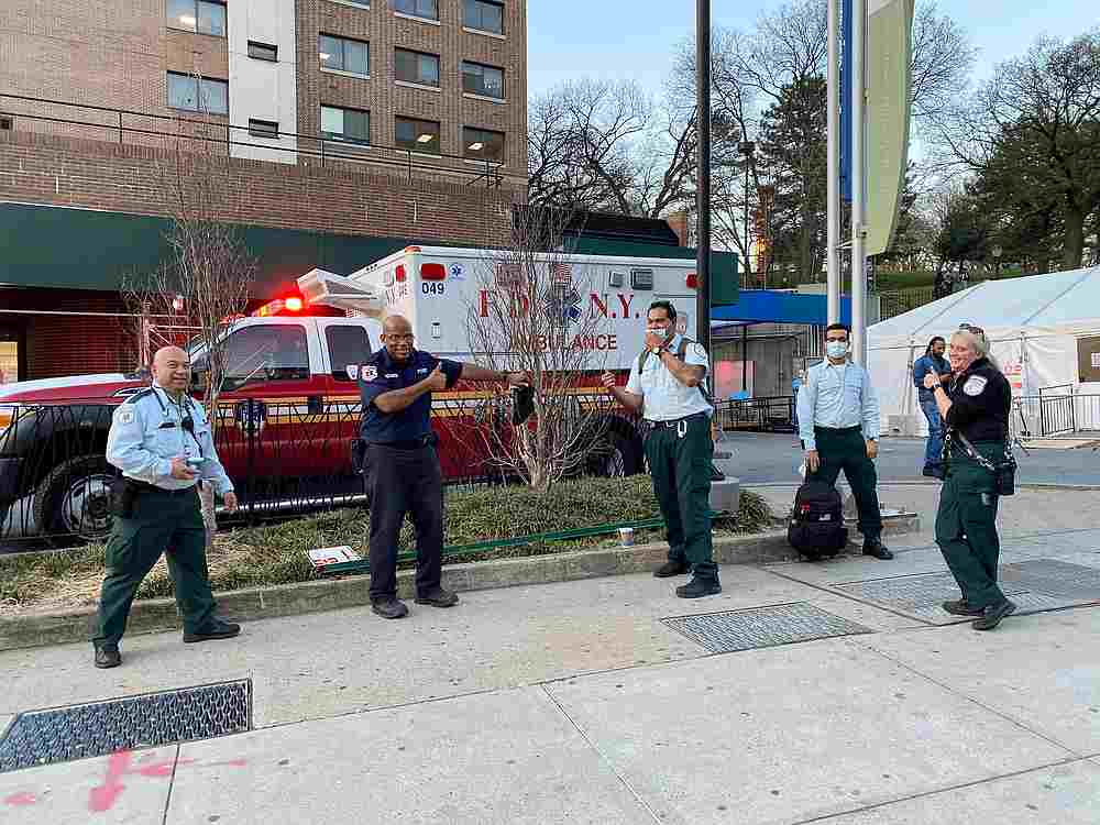 First responders outside Brooklyn Hospital Center take a bow in a spontaneous social media-encouraged #ClapBecauseWeCare moment of appreciation for healthcare workers in New York March 27, 2020. u00e2u20acu201d Reuters pic