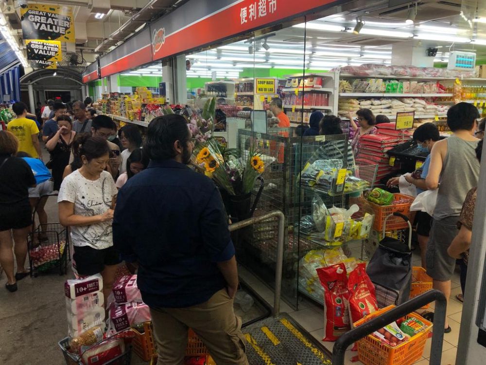 Unlike the panic-buying seen last month, when people were observed loading trolleys with items like toilet paper and food items, last nightu00e2u20acu2122s shoppers appear to be buying in relatively smaller quantities. u00e2u20acu201d TODAY pic