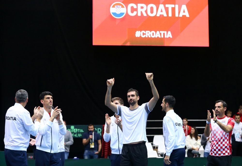 Croatia's Marin Cilic celebrate with team mates after winning the match against India's Sumit Nagal at the Davis Cup qualifiers March 7, 2020. u00e2u20acu201d Reuters picn
