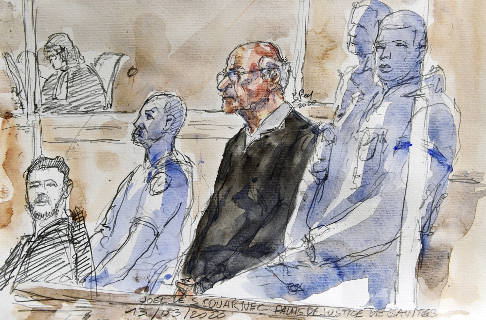 This court sketch released by the artist March 13, 2020 shows French retired surgeon Joel Le Scouarnec attending his trial for the rape and sexual abuse of four child at the courthouse in Saintes, western France. u00e2u20acu201d AFP pic 