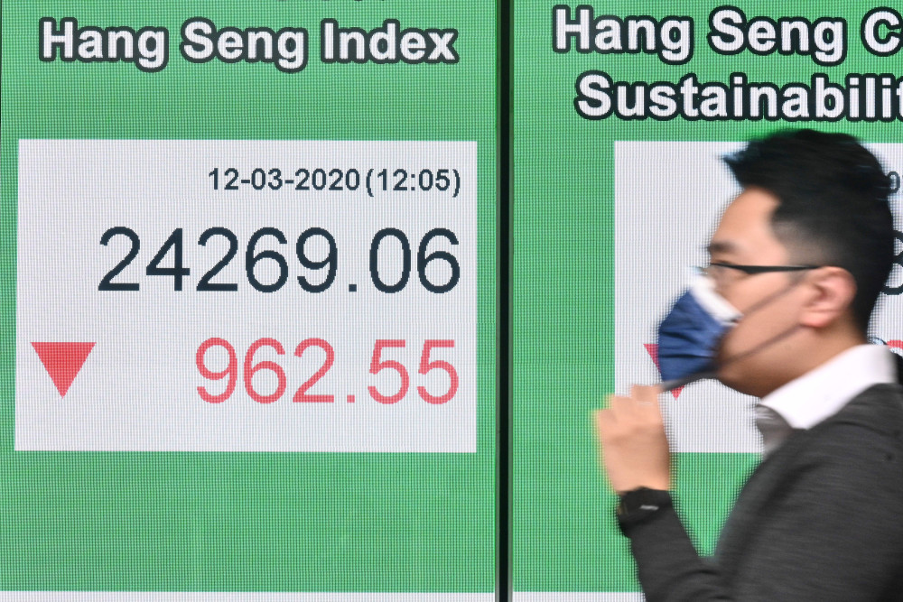 A pedestrian wearing a face mask, as a precautionary measure against the Covid-19 coronavirus, walks past an electronic stock market display showing movements of the Hang Seng Index in Hong Kong March 12, 2020. u00e2u20acu201d AFP pic