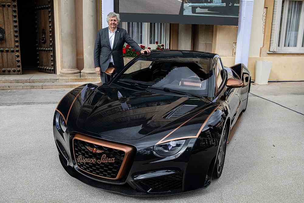 Miguel Suque Mateu poses next to the Hispano Suiza Carmen Boulogne. u00e2u20acu201d Picture courtesy of Hispano Suiza Cars via AFP