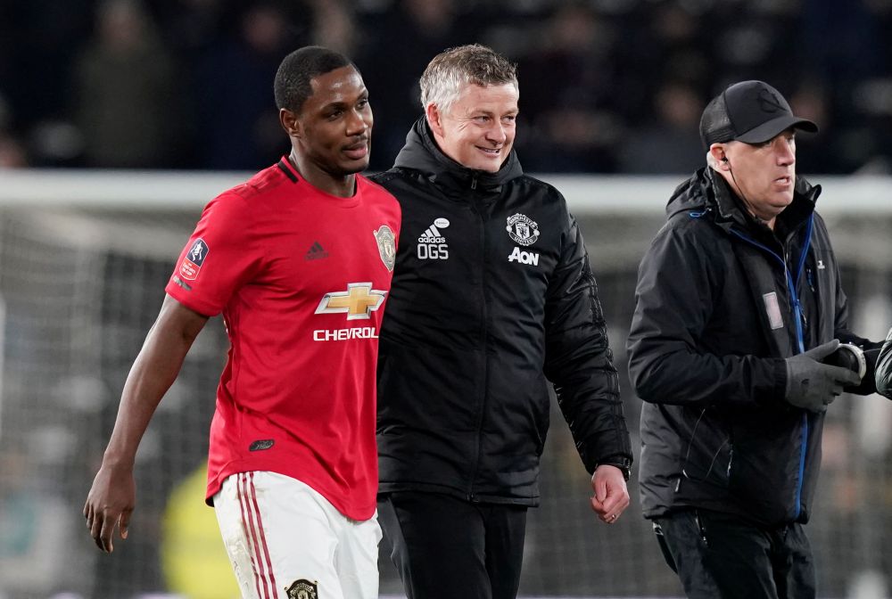 Manchester United manager Ole Gunnar Solskjaer celebrates with Odion Ighalo after the match against Derby County March 5, 2020. u00e2u20acu201d Reuters picnn
