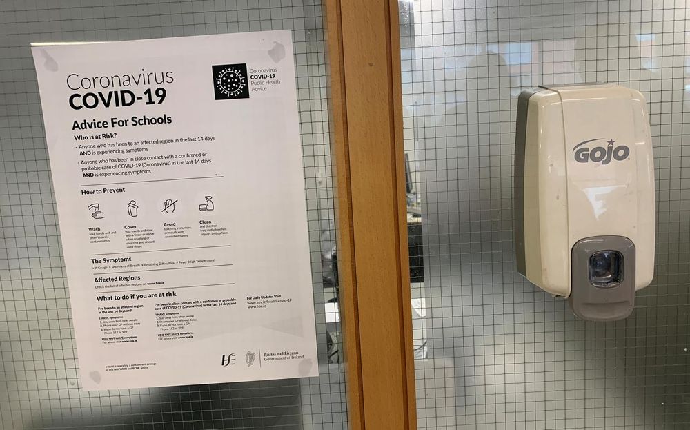 A coronavirus advice notice is seen next to an anti-bacterial gel dispenser in a college in Dublin, Ireland, March 4, 2020. u00e2u20acu201d Reuters pic
