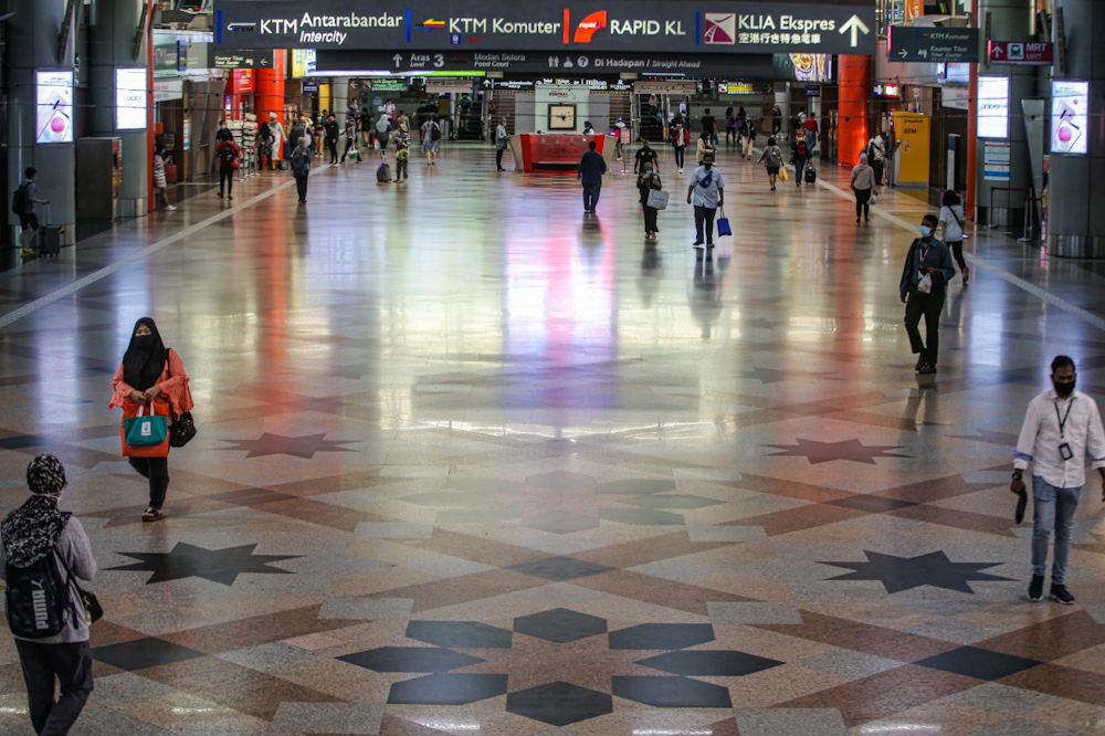 A general view of the deserted KL Sentral transit hub, as the movement control order kicks in on March 18, 2020. — Picture by Hari Anggara