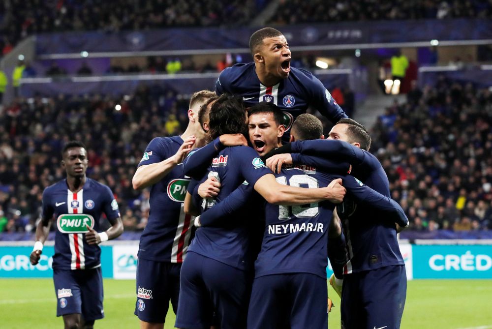 Paris St Germain's Kylian Mbappe and team mates celebrate their second goal against Olympique Lyonnais March 4, 2020. u00e2u20acu201d Reuters picnn