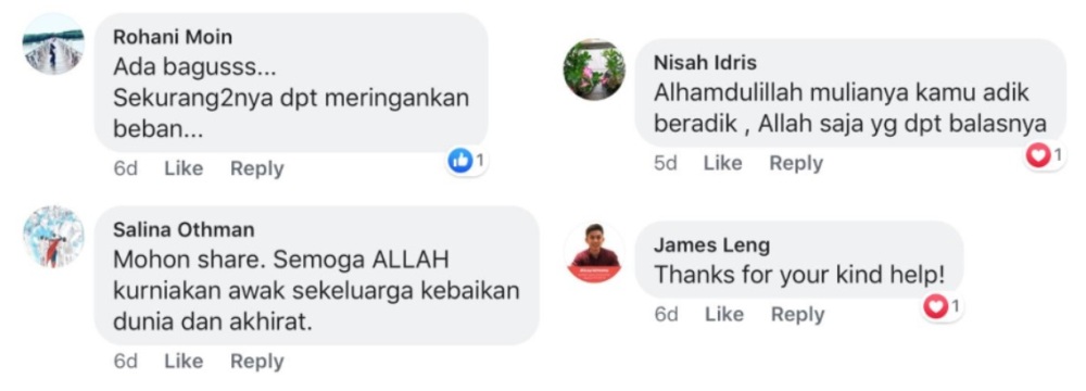 Social media users thanked the sisters for their efforts to help out those in need. ― Screengrab via Facebook/Nabilah Zohar