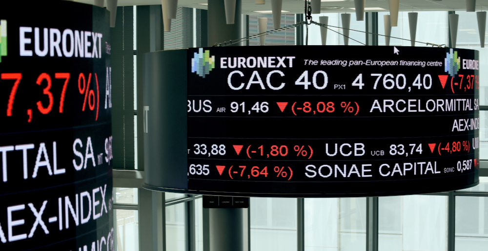 A screen displays the CAC 40 amongst stock tickers displayed at the headquarters of the Pan-European stock exchange Euronext, in La Defense district, near Paris, March 9, 2020. u00e2u20acu201d AFP pic 