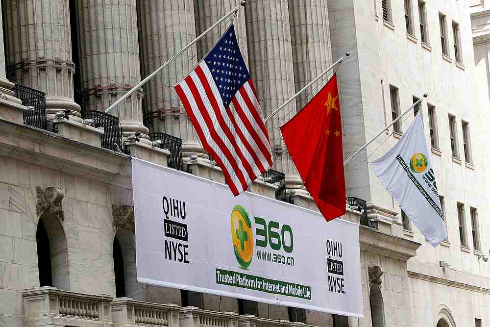 A sign advertising the Qihoo 360 Technology Co Ltd is hung with US and China flags outside of the New York Stock Exchange before the company's Initial Public Offering (IPO) in New York March 30, 2011. u00e2u20acu201d Reuters pic