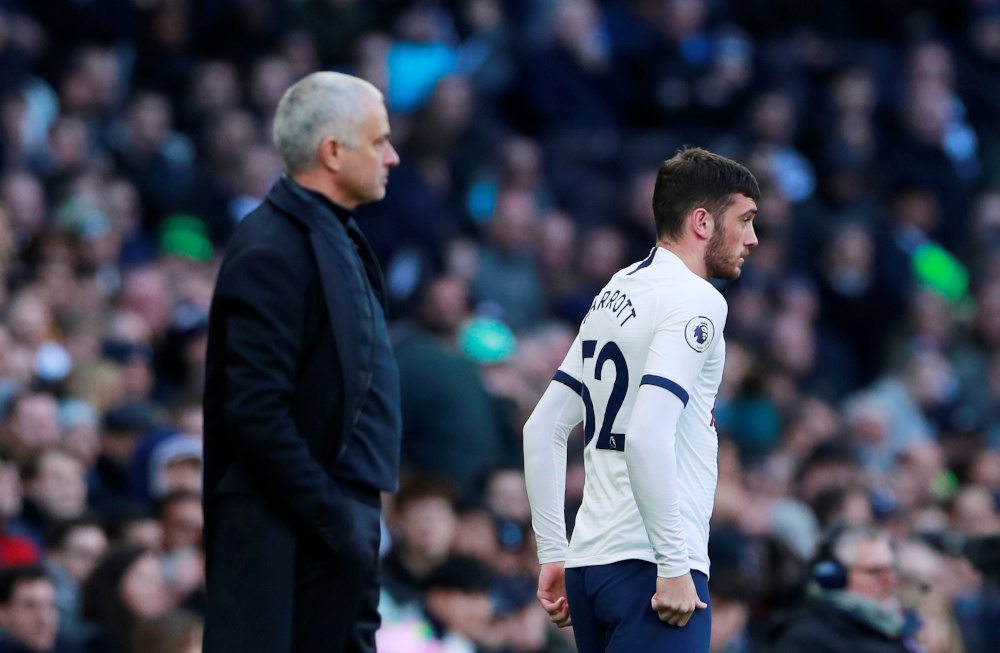 Tottenham Hotspuru00e2u20acu2122s Troy Parrott waits to be substituted on as manager Jose Mourinho looks on during their Premier League against Wolverhampton Wanderers in London March 1, 2020. u00e2u20acu201d Picture by Action Images via Reuters/Andrew Couldridge 