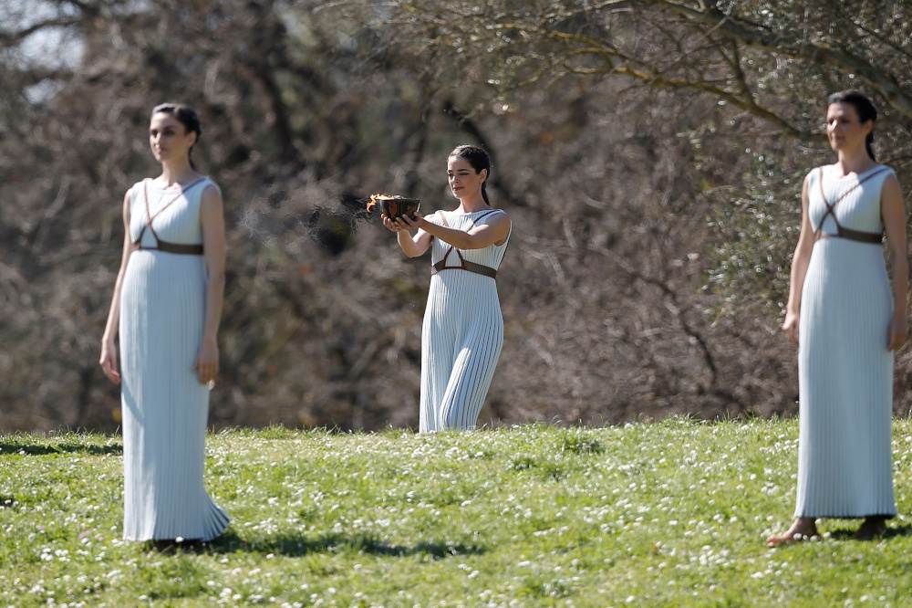 Greek actress Xanthi Georgiou playing the role of High Priestess during the Olympic flame lighting ceremony for the Tokyo 2020 Summer Olympics at Olympia March 12, 2020. u00e2u20acu201d Reuters pic