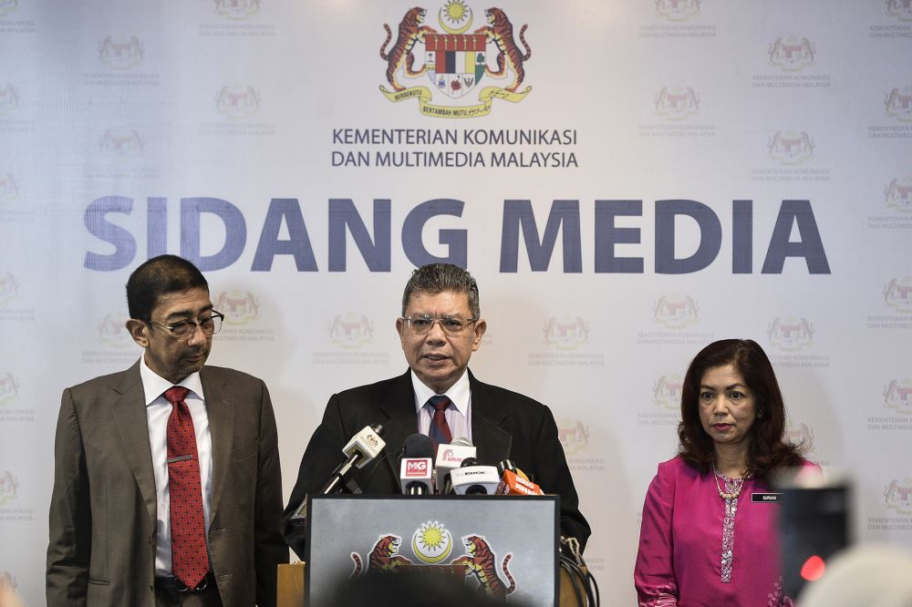 Datuk Saifuddin Abdullah speaks to reporters during a press conference at the Ministry of Communications and Multimedia in Putrajaya March 12, 2020. u00e2u20acu201d Picture by Miera Zulyana