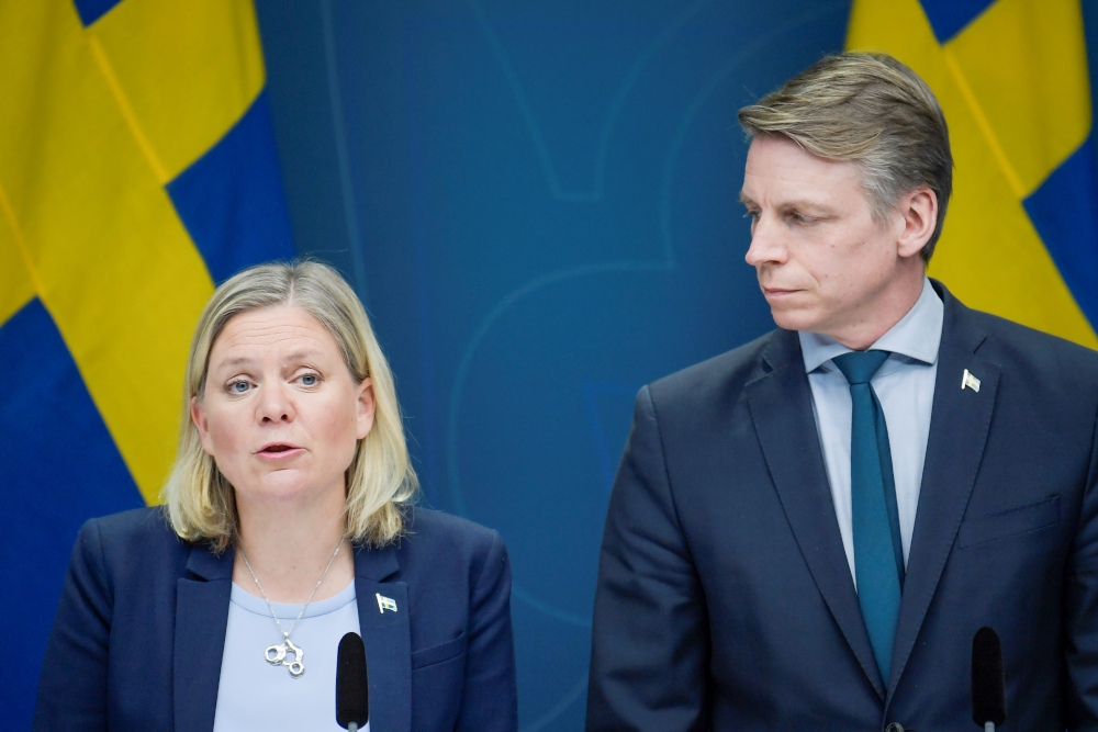 Swedish Finance Minister Magdalena Andersson and Minister for Financial Markets and Housing Per Bolund at a press conference during the novel coronavirus crisis, in Stockholm, Sweden, March 30, 2020. u00e2u20acu201d AFP pic 
