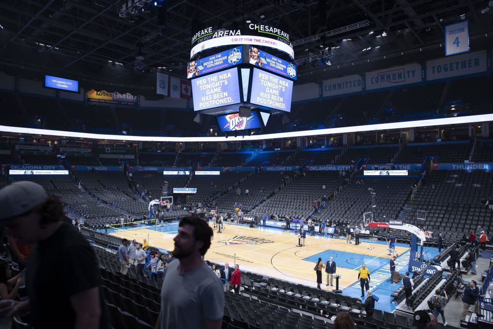 A message on the video score board informs fans the game between Oklahoma City Thunder and the Utah Jazz has been postponed March 11, 2020. u00e2u20acu201d Reuters pic
