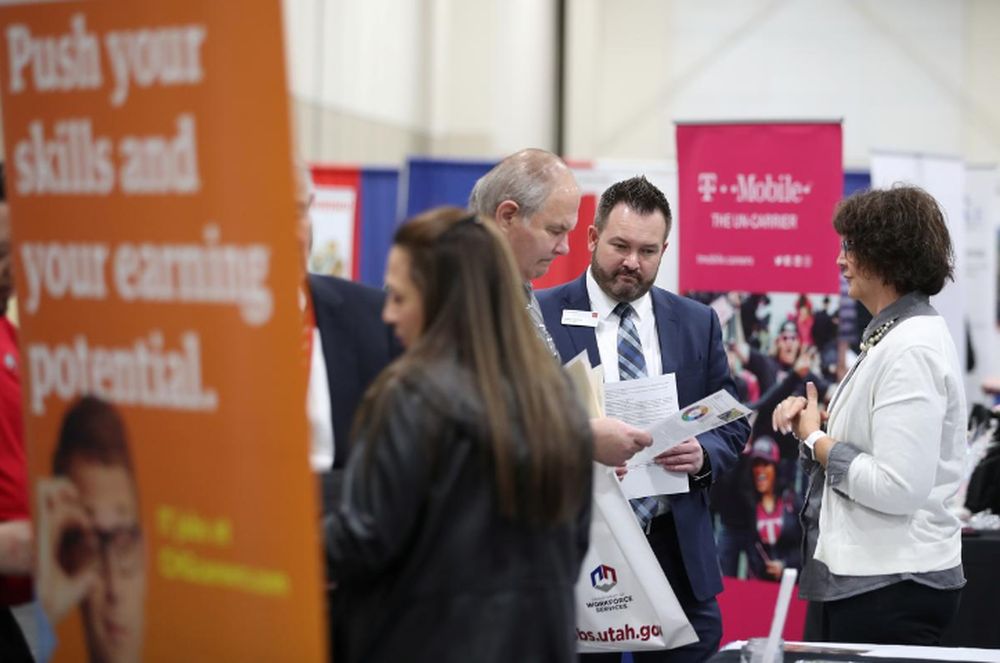 Veterans and military personnel discuss job opportunities at a military job fair in Sandy, Utah, US, March 26, 2019. u00e2u20acu201d Reuters pic