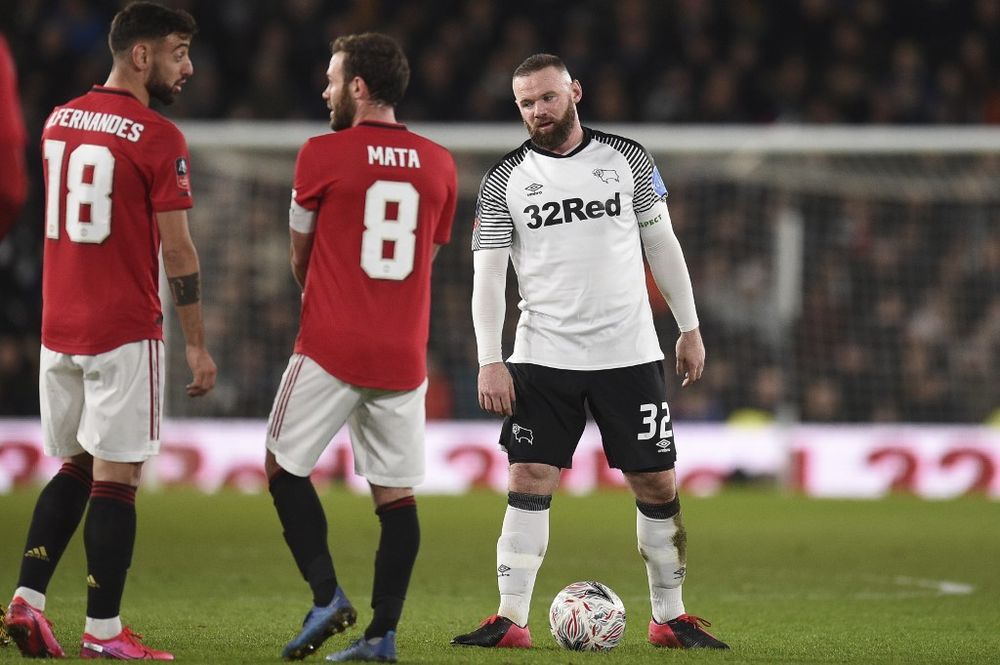 Derby Countyu00e2u20acu2122s English striker Wayne Rooney (first right) reacts during the English FA Cup fifth round football match between Derby County and Manchester United at Pride Park Stadium in Derby, England, March 5, 2020. u00e2u20acu201d AFP pic