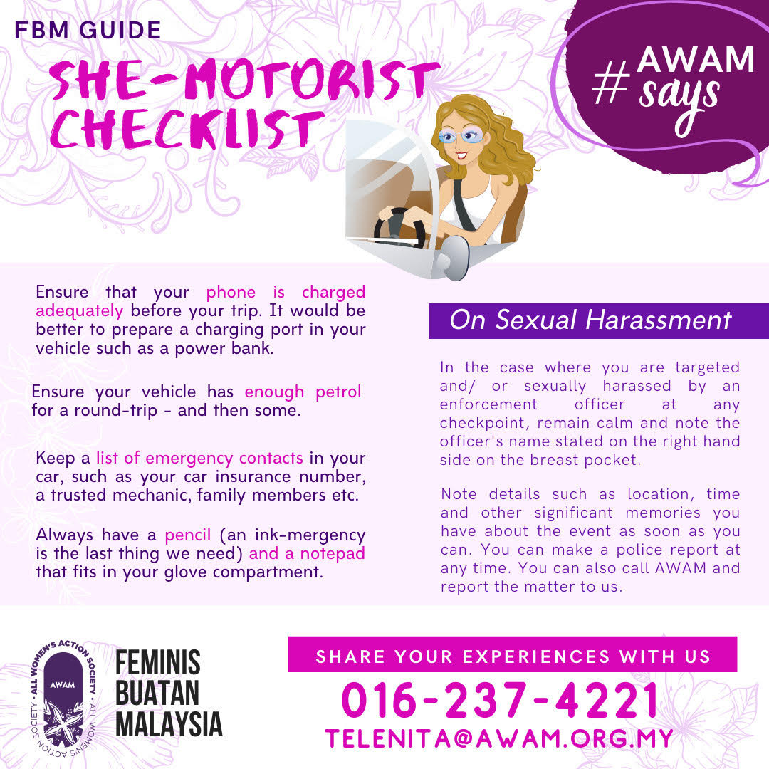 Tips to stay safe when driving alone. — Picture courtesy of All Women's Action Society (Awam)