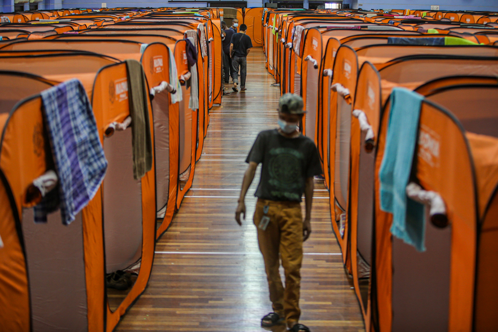 Cubicles put up for the homeless at the temporary shelter in Pusat Komuniti Sentul Perdana in Kuala Lumpur April 7, 2020. u00e2u20acu201d Picture by Hari Anggara
