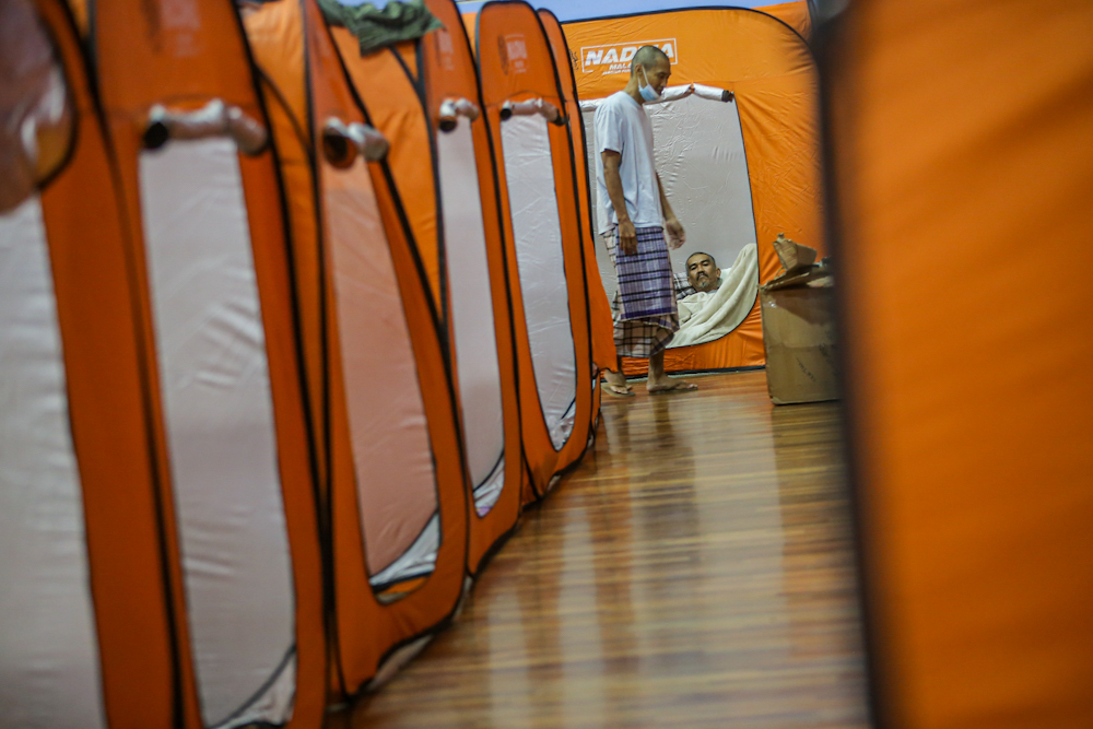 Cubicles put up for the homeless at the temporary shelter in Pusat Komuniti Sentul Perdana in Kuala Lumpur April 7, 2020. u00e2u20acu201d Picture by Hari Anggara