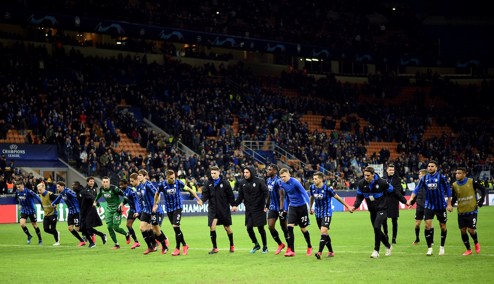 Atalanta players celebrate in front of their fans after the match against Valencia in Milan February 19, 2020. u00e2u20acu201d Reuters pic 
