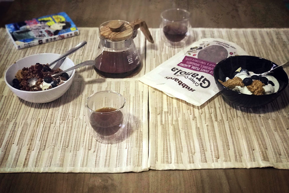 First breakfast at home after successfully completing quarantine.