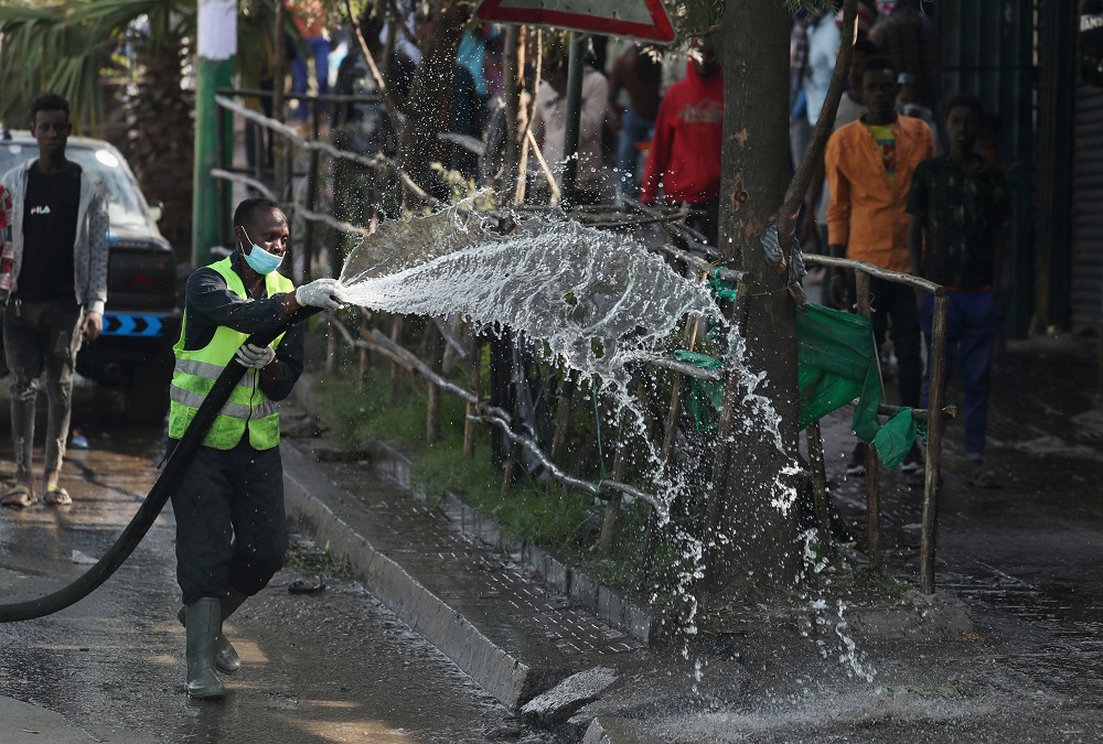 An Ethiopian health worker sprays disinfectant as part of measures to prevent the potential spread of coronavirus in Addis Ababa March 29, 2020. u00e2u20acu201d Reuters pic