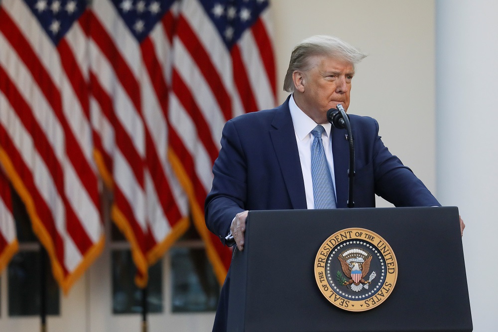 US President Donald Trump addresses the daily coronavirus task force briefing in the Rose Garden at the White House in Washington April 15, 2020. u00e2u20acu201d Reuters pic