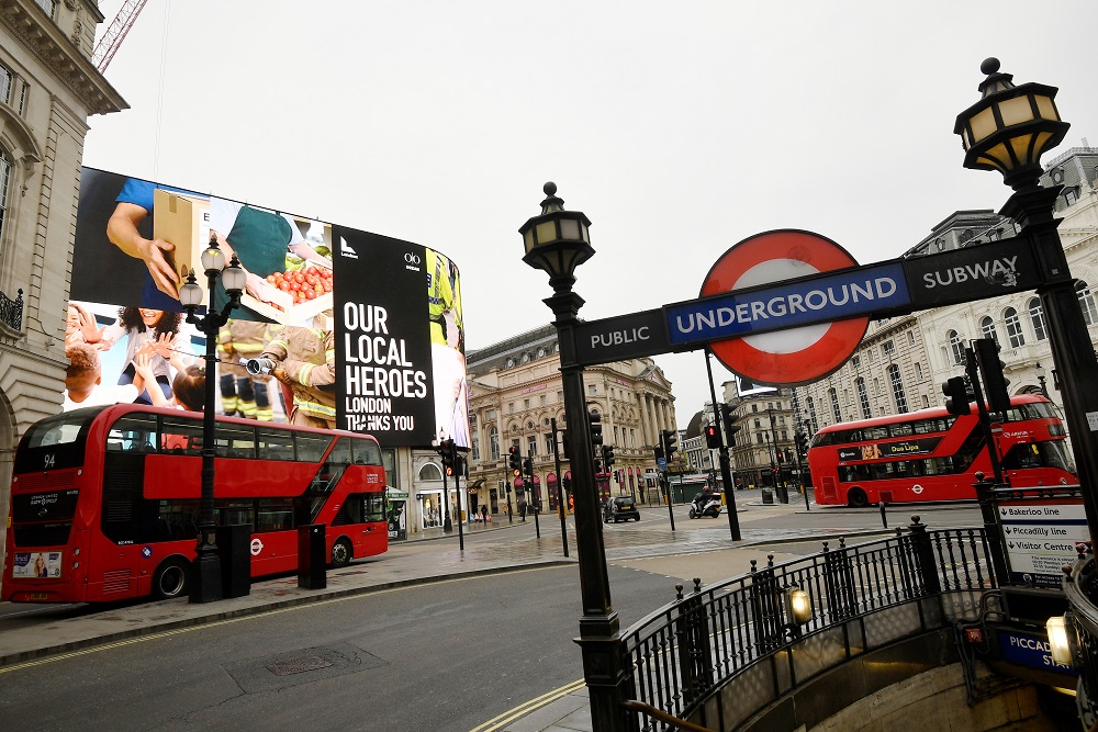 A message of support for key workers on a screen in Piccadilly Circus, as the spread of the coronavirus disease continues, London April 17, 2020. u00e2u20acu201d Reuters pic