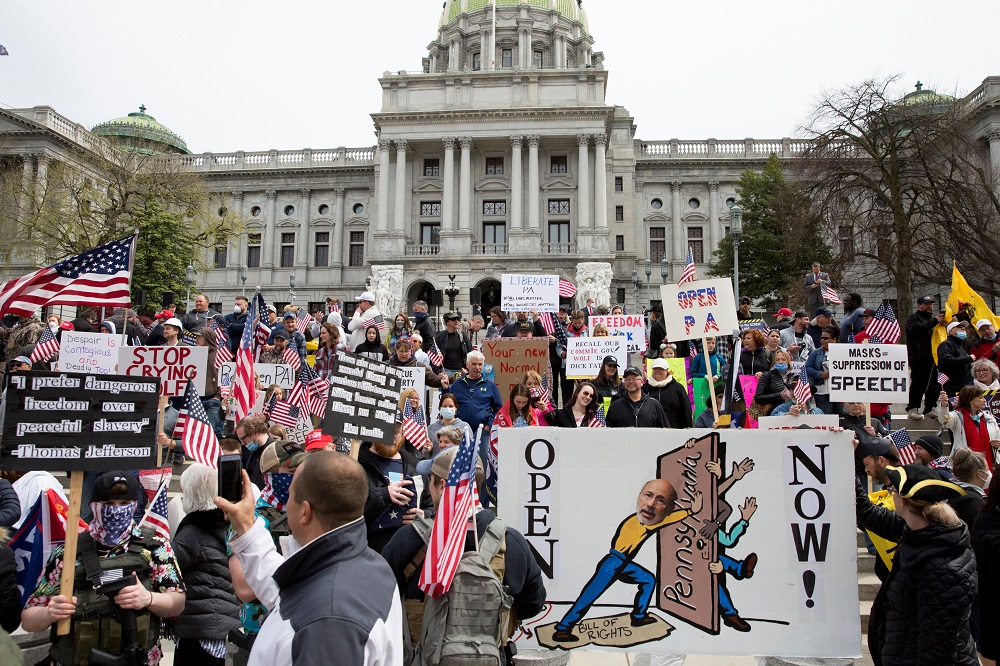 Demonstrators gather to protest against the state's extended stay-at-home order to help slow the spread of the coronavirus disease in Harrisburg, Pennsylvania April 20, 2020. u00e2u20acu201d Reuters pic