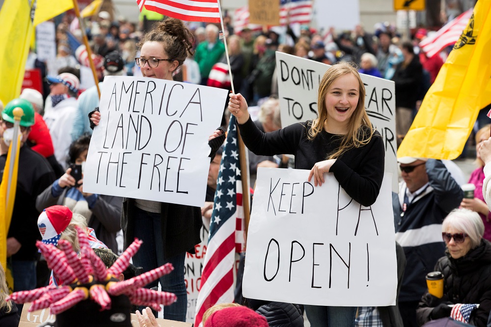 Demonstrators gather to protest against the state's extended stay-at-home order to help slow the spread of the coronavirus disease in Harrisburg, Pennsylvania April 20, 2020. u00e2u20acu201d Reuters pic