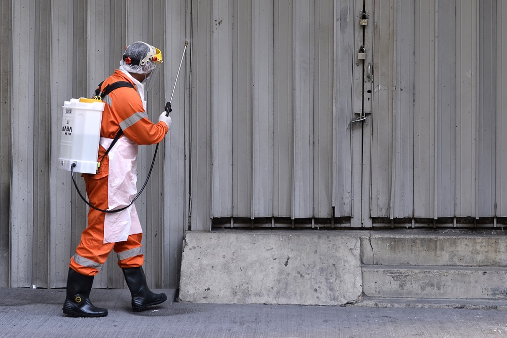 A DBKL worker sprays disinfectant at public spaces near Masjid Jamek in Kuala Lumpur April 8, 2020. u00e2u20acu2022 Picture by Miera Zulyana