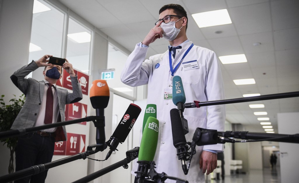 The chief of a telemedicine centre Andrei Tyazhelnikov talks to the media in Moscow on April 7, 2020. The city of Moscow opened a telemedicine centre to treat and support coronavirus patients who are well enough to stay home. u00e2u20acu201d AFP pic