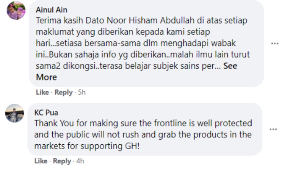 Social media users thank Dr Noor Hisham for his efforts. —Screengrab via Facebook/@DGHisham. 