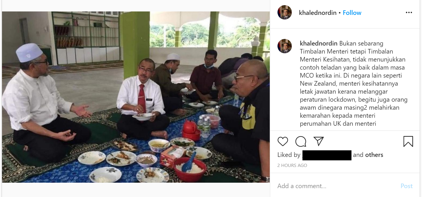 Umno vice-president Datuk Seri Mohamed Khaled Nordin took a dig at Azmi in an Instagram post, chiding him for not setting a good example to Malaysians during the MCO. — Screen capture via Instagram/Mohamed Khaled Nordin 
