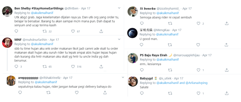Social media users were amazed that the rider still delivered the food. — Screengrab via Twitter/@akuikmalhanif