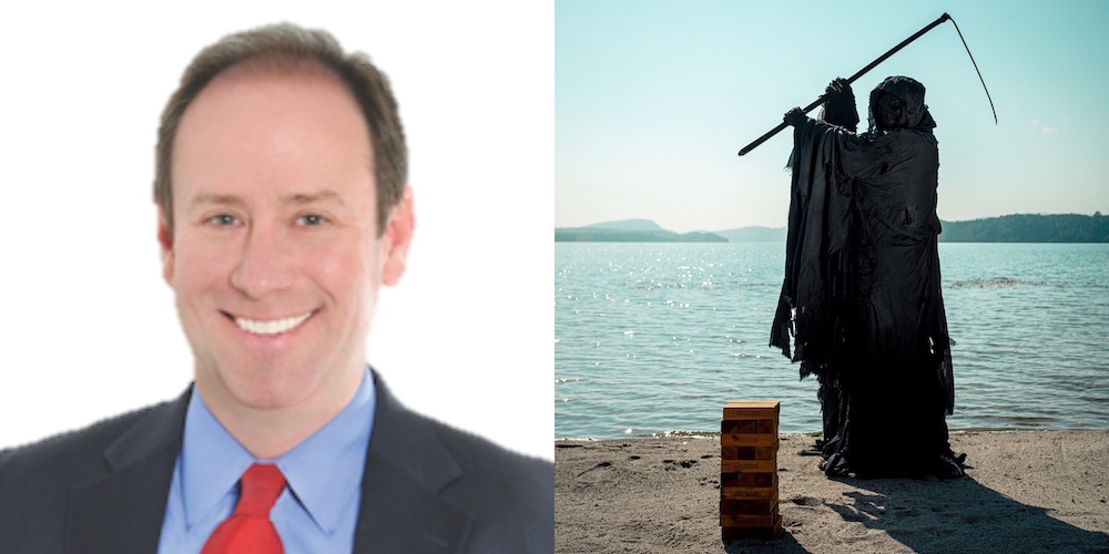 Many people believe that Uhlfelder (left) was inspired by the New Zealand governmentu00e2u20acu2122s u00e2u20acu02dcSwim Reaperu00e2u20acu2122 campaign (right) that was created to promote water safety. u00e2u20acu201d Picture via Facebook/DWUlaw and Instagram/iamtheswimreapernnn