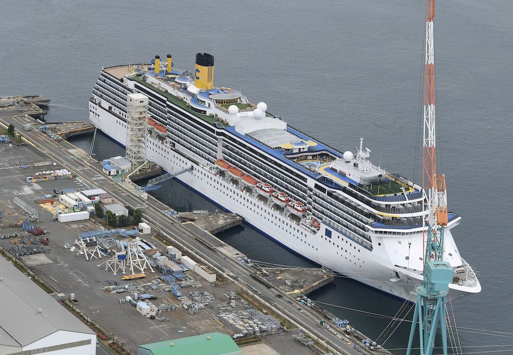 An aerial view shows Italian cruise ship Costa Atlantica, which had confirmed 33 cases of the coronavirus disease (Covid-19) infection, in Nagasaki April 21, 2020 in this photo taken by Kyodo. u00e2u20acu201d Kyodo handout via Reuters