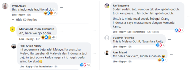 Social media users on Facebook argue over the origins of traditional attire. — Screengrab via Facebook/Spongebob Squarepants