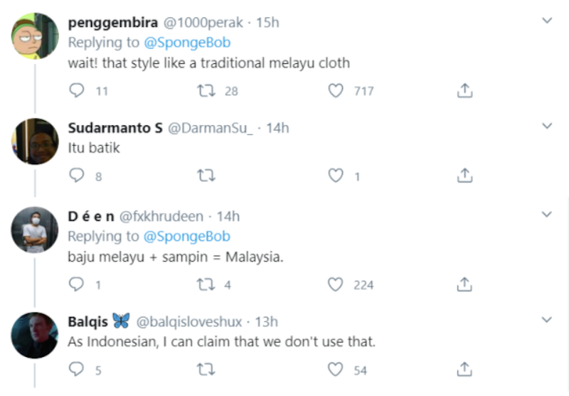 Users arguing if the clothes are batik or songket fabric. — Screengrab via Twitter/@Spongebob