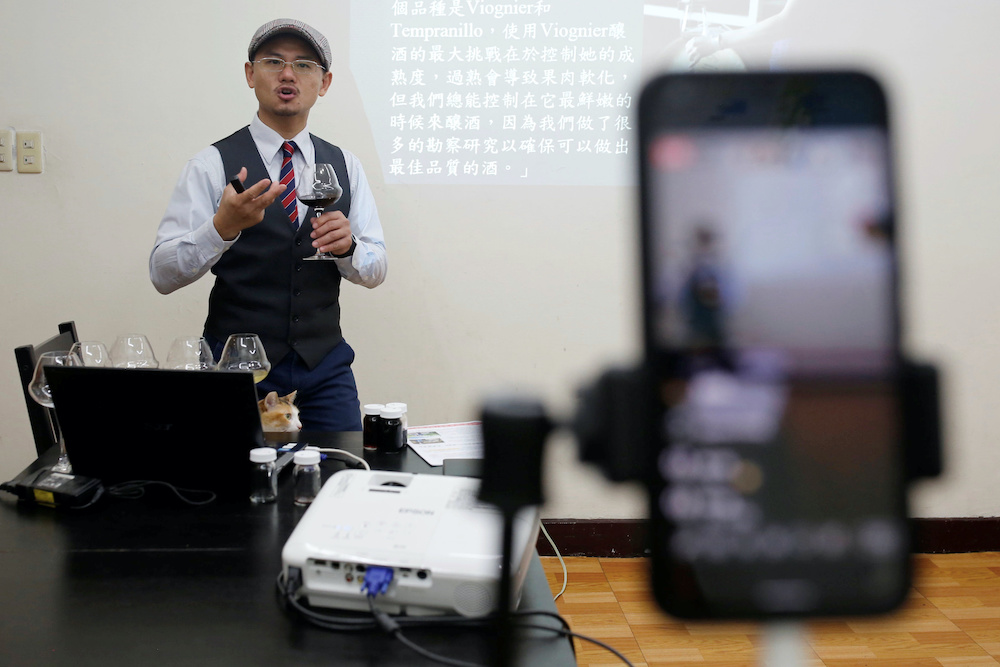 Peter Petrus, 37, a Taiwanese sommelier, conducts an online wine tasting class from his studio, during the global outbreak of the coronavirus disease (Covid-19), in Taipei, Taiwan, April 24, 2020. u00e2u20acu201d Reuters pic