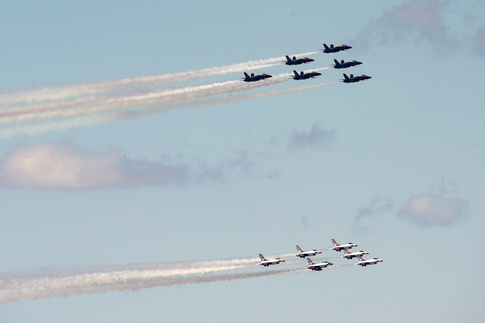 The US Navy Blue Angels and US Air Force Thunderbirds demonstration teams participate in a flyover to honour first responders and essential workers in New York City April 28, 2020. u00e2u20acu201d US Air Force/Staff Sgt. Christopher S. Muncyd handout via Reuters