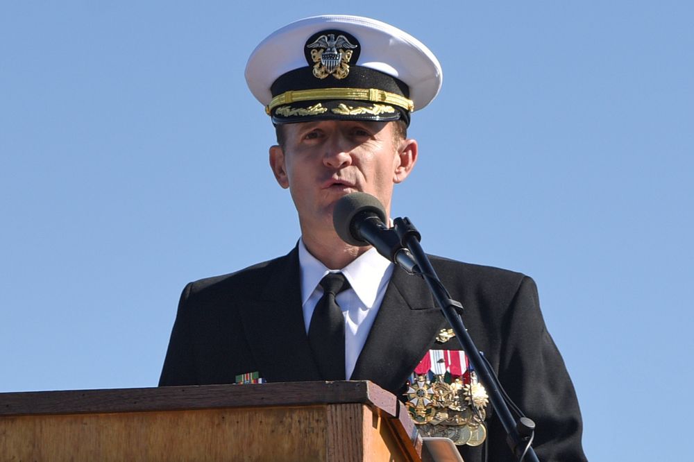 File picture shows Captain Brett Crozier addressing the crew for the first time as commanding officer of the aircraft carrier USS Theodore Roosevelt 