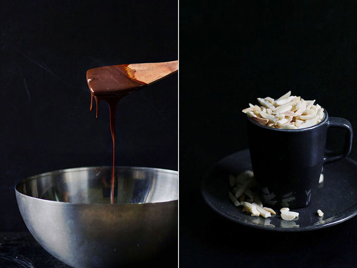 Melted chocolate and butter (left); use your favourite nuts in this recipe (right)