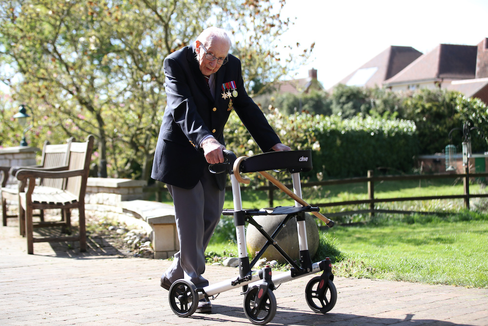 Retired British Army Captain Tom Moore, 99, walks to raise money for health workers, by attempting to walk the length of his garden one hundred times before his 100th birthday in Marston Moretaine, Britain, April 15, 2020. u00e2u20acu2022 Reuters pic