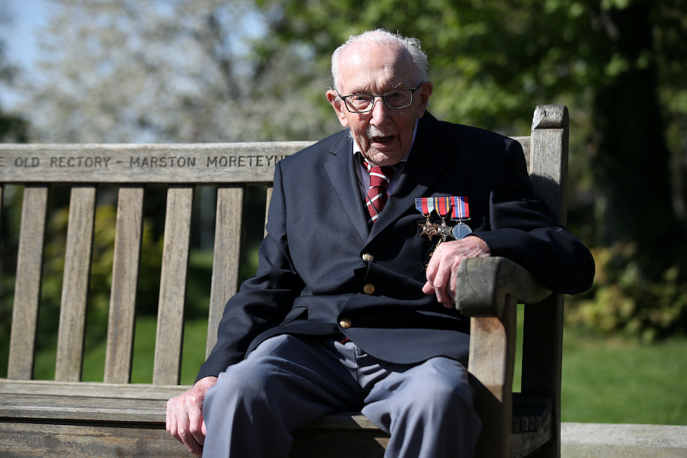 Retired British Army Captain Tom Moore, 99, walks to raise money for health workers, by attempting to walk the length of his garden one hundred times before his 100th birthday in Marston Moretaine, Britain, April 15, 2020. u00e2u20acu2022 Reuters pic