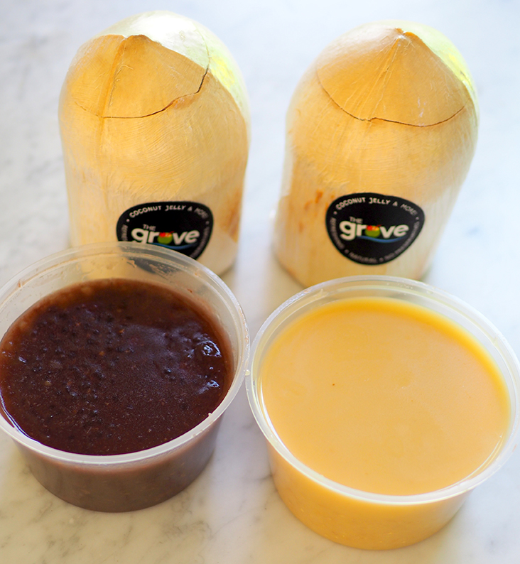 The 'tong sui' is packed in plastic containers while your jelly comes encased in a coconut.