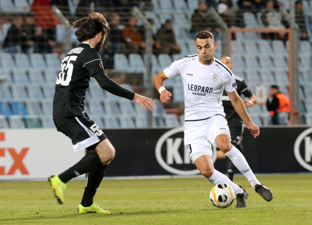Dudelange's Danel Sinani (right) in action with Qarabag's Badavi Huseynov during their Europa League clash in Luxembourg October 3, 2019. u00e2u20acu201d Reuters pic