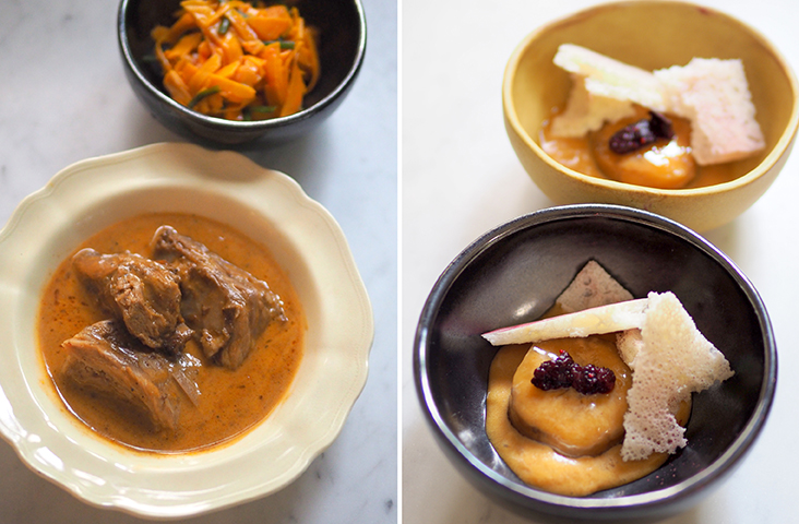 The braised baby goat served with a tomato yoghurt sauce and a piquant pumpkin kimchi (left) Reward yourself with this poached plantains served with coconut caramel, mulberries and aerated milk crisp for dessert (right)