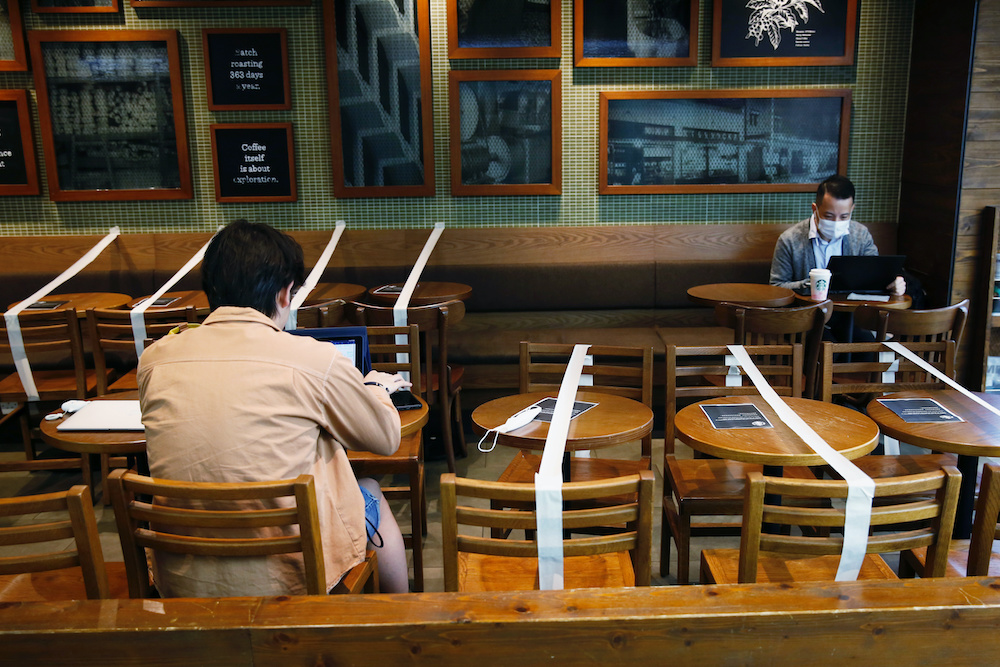 Tables and chairs are taped up to keep social distancing at a Starbucks coffee shop, following the novel coronavirus disease (Covid-19) outbreak, in Hong Kong, China April 2, 2020. u00e2u20acu201d Reuters picnn